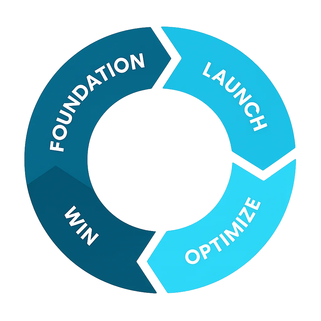 The FLOW Framework cycle: Foundation, Launch, Optimize, then Win