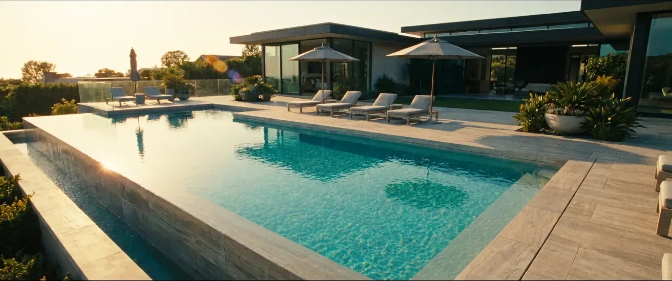 A modern luxury backyard swimming pool at golden hour